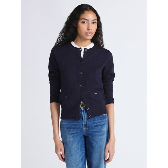 Free Assembly Women's and Women's Plus Cozy Yarn Welt Pocket Cable Cardigan Sweater, Midweight, Sizes XS-4X