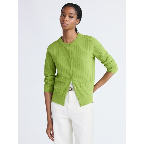 Free Assembly Women's and Women's Plus Cozy Yarn Welt Pocket Cable Cardigan Sweater, Midweight, Sizes XS-4X