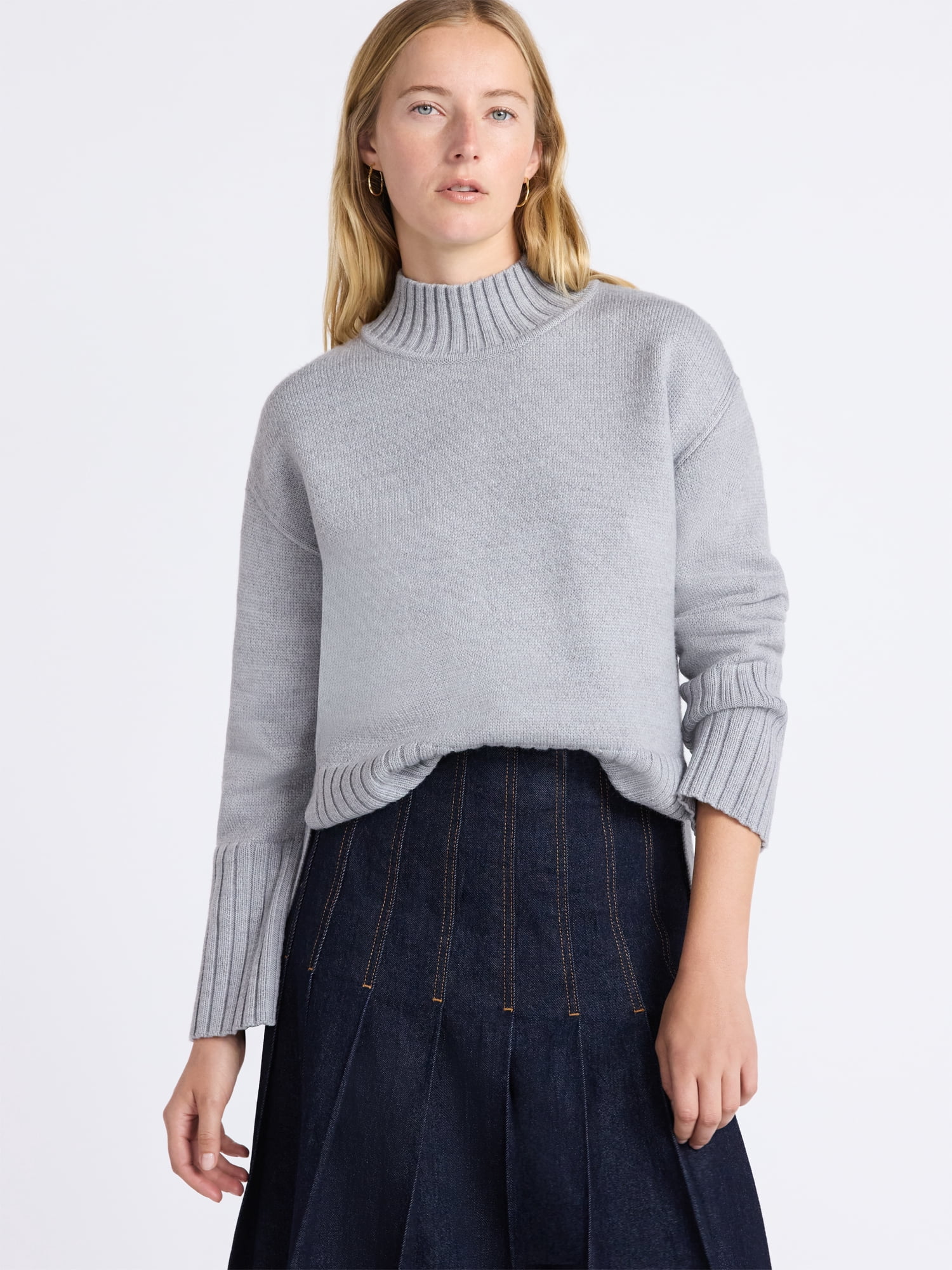 Free Assembly Women's Mock Neck Pullover Sweater with Tall Cuffs, Midweight, Sizes XS-XXL