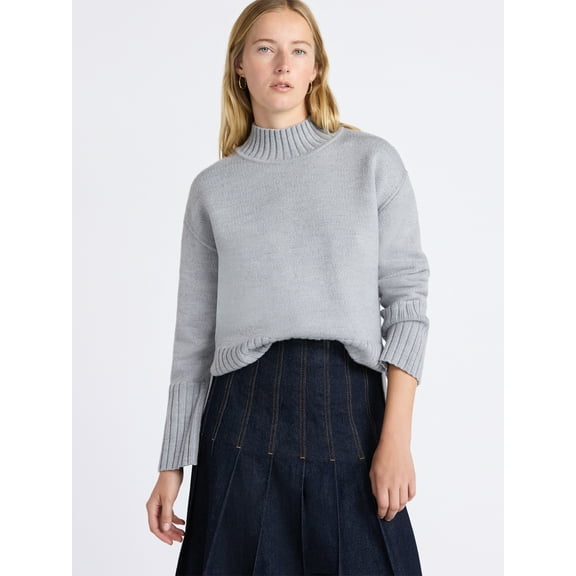 Free Assembly Women's Mock Neck Pullover Sweater with Tall Cuffs, Midweight, Sizes XS-XXL