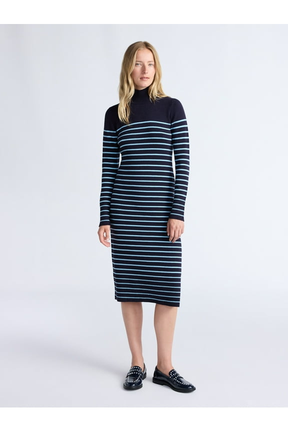 Women's Turtleneck Sweater Midi Dress with Long Sleeves, Sizes XS-XXL
