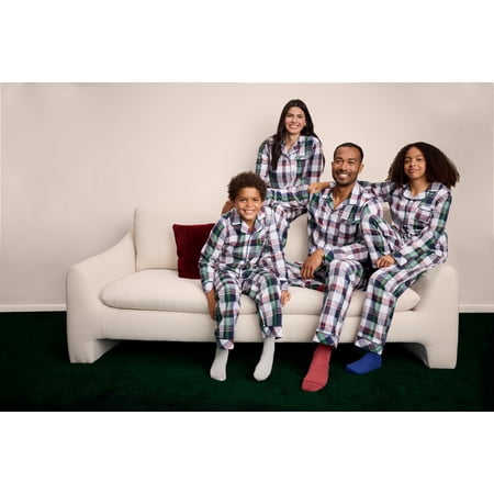 Free Assembly Matching Family Pajamas Men's Cotton Plaid Notch Collar Top and Pants Gift Set, 2-Piece, Sizes XS-3X