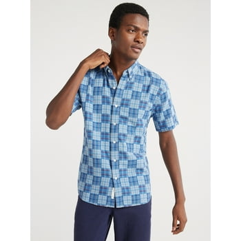 Free Assembly Men's Cotton Patchwork Shirt with Short Sleeves, Sizes S-XXXL
