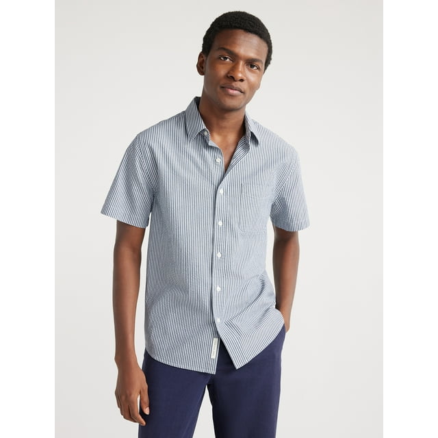 Free Assembly Men's Cotton Seersucker Shirt with Short Sleeves, Sizes ...