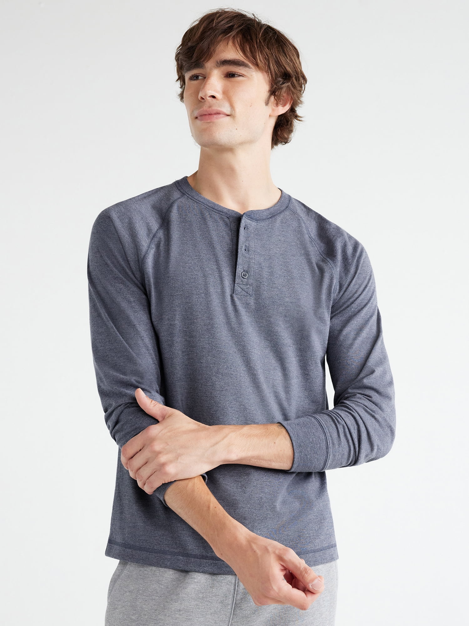 Free Assembly Men's Cozy Raglan Henley Shirt with Long Sleeves, Sizes ...