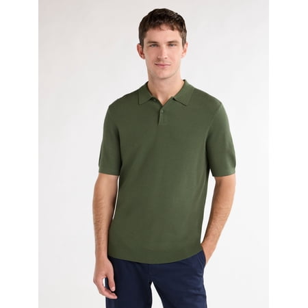 Free Assembly Men's Cozy Yarn Textured Pique Polo Sweater with Short Sleeves, Sizes XS-3XL