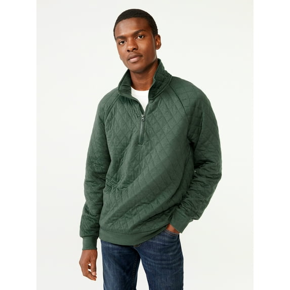 Free Assembly Men's Diamond Quilted Jersey Half Zip Pullover with Mock Neck