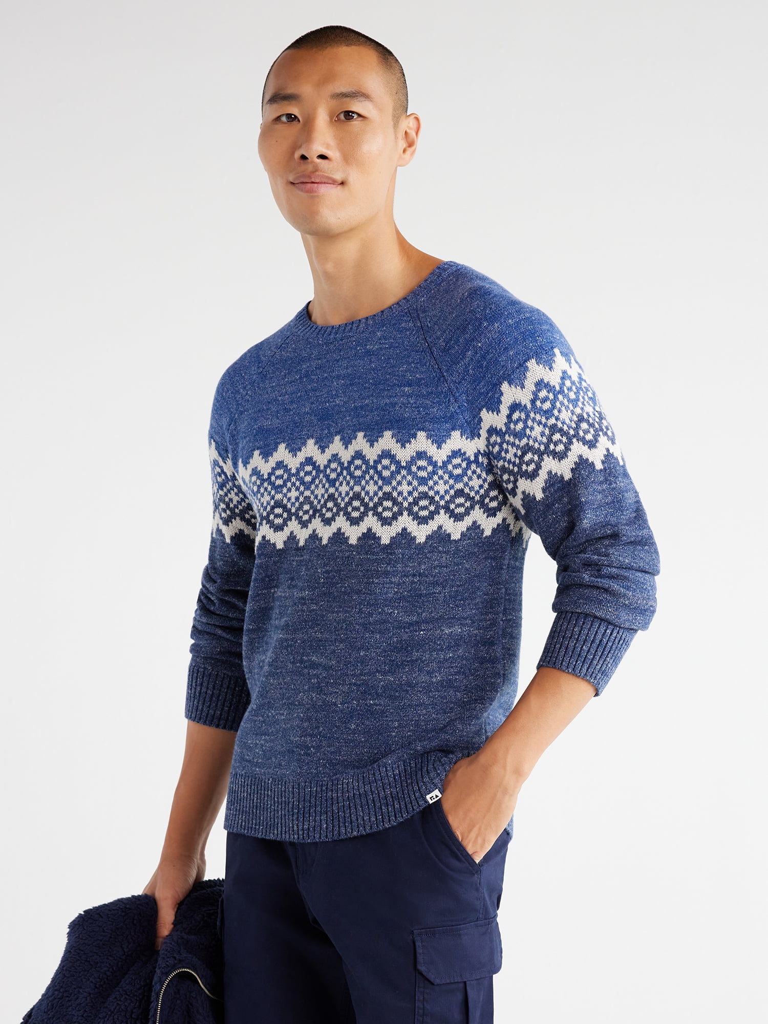 Free Assembly Men's Fair Isle Sweater with Long Sleeves, Sizes XS