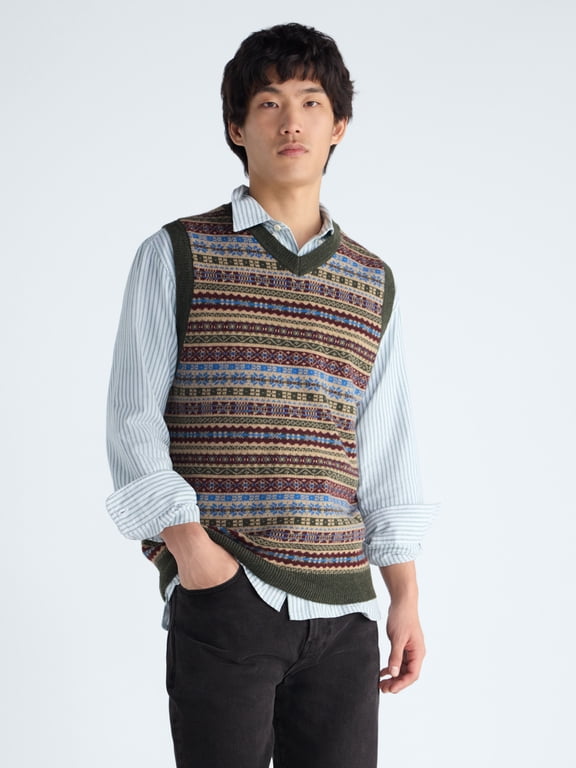 Men's Fair Isle V-Neck Sweater Vest, Midweight, Sizes S-3XL