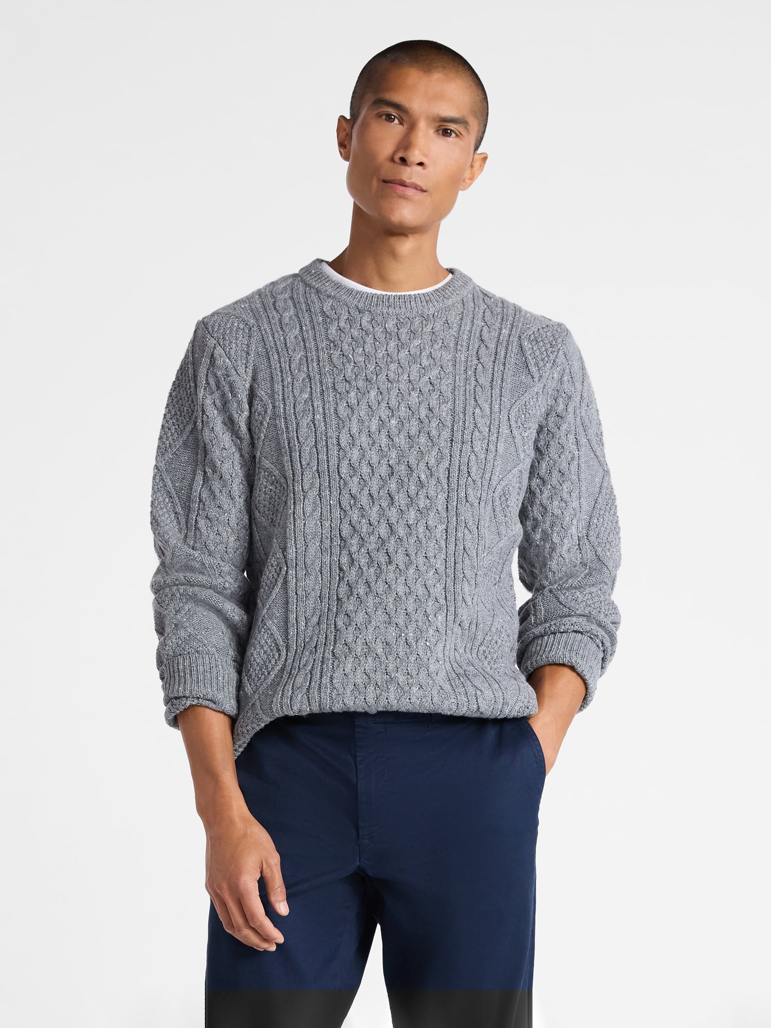 Free Assembly Men's Fisherman Crewneck Sweater with Long Sleeves, Sizes XS-3XL