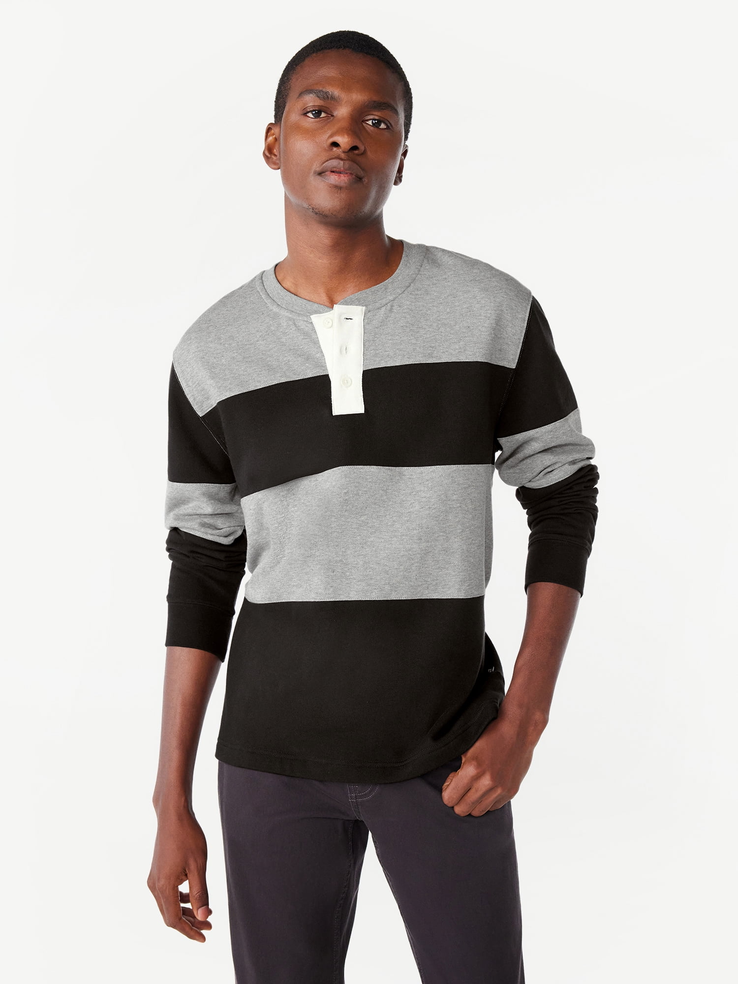 Free Assembly Men's Fleece Colorblocked Henley Shirt with Long Sleeves ...