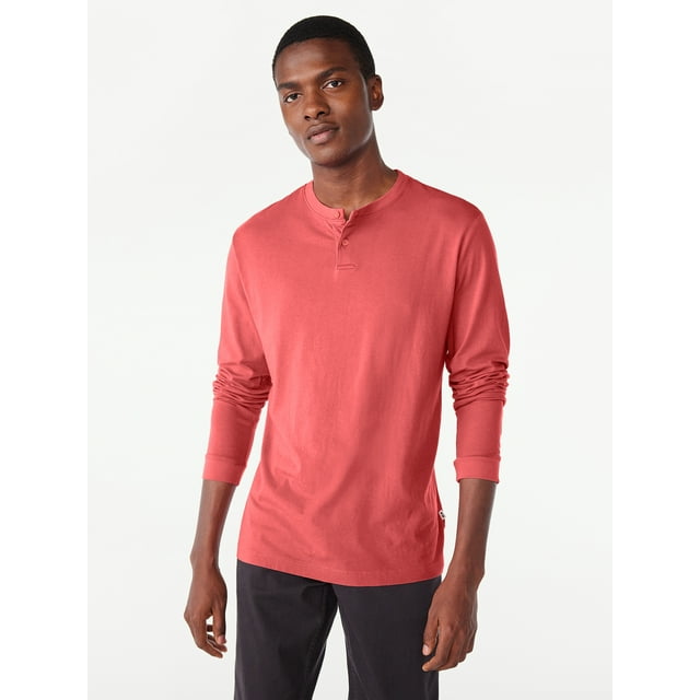 Free Assembly Men's Garment Dye Henley Shirt with Long Sleeves, Sizes