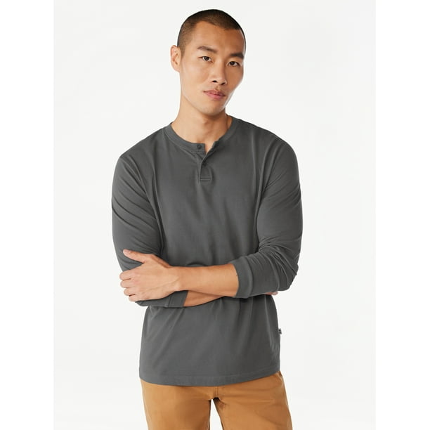 Free Assembly Men's Garment Dye Henley Shirt with Long Sleeves, Sizes