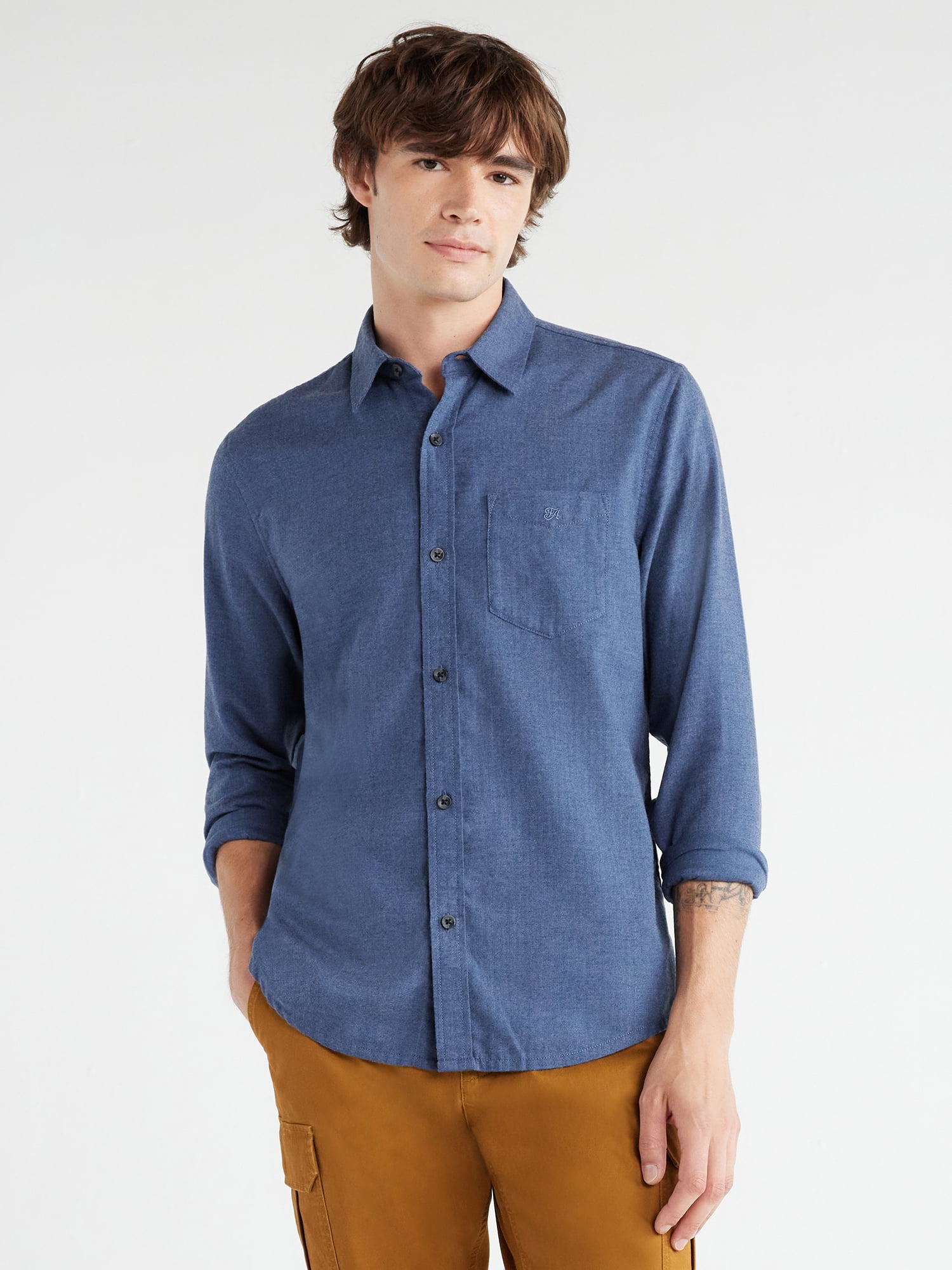 Free Assembly Men's Herringbone Shirt with Long Sleeves, Sizes XS-3XL ...