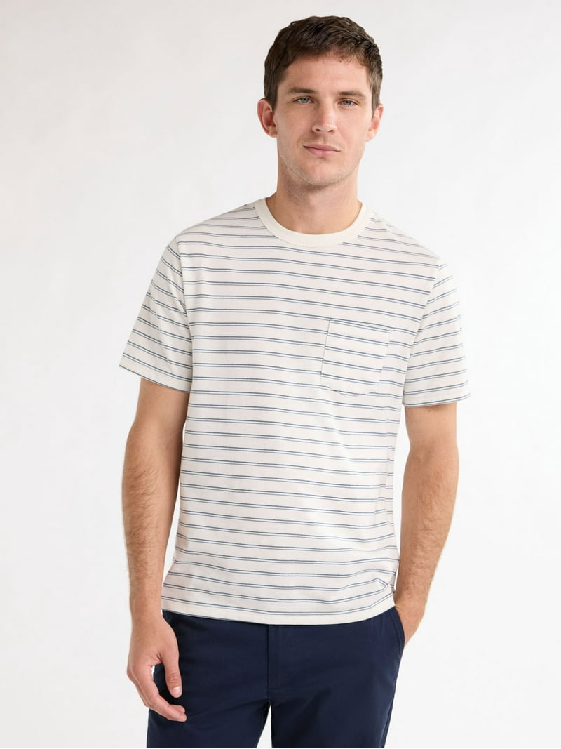 Free Assembly Men's Jacquard Stripe Pocket Tee with Short Sleeves