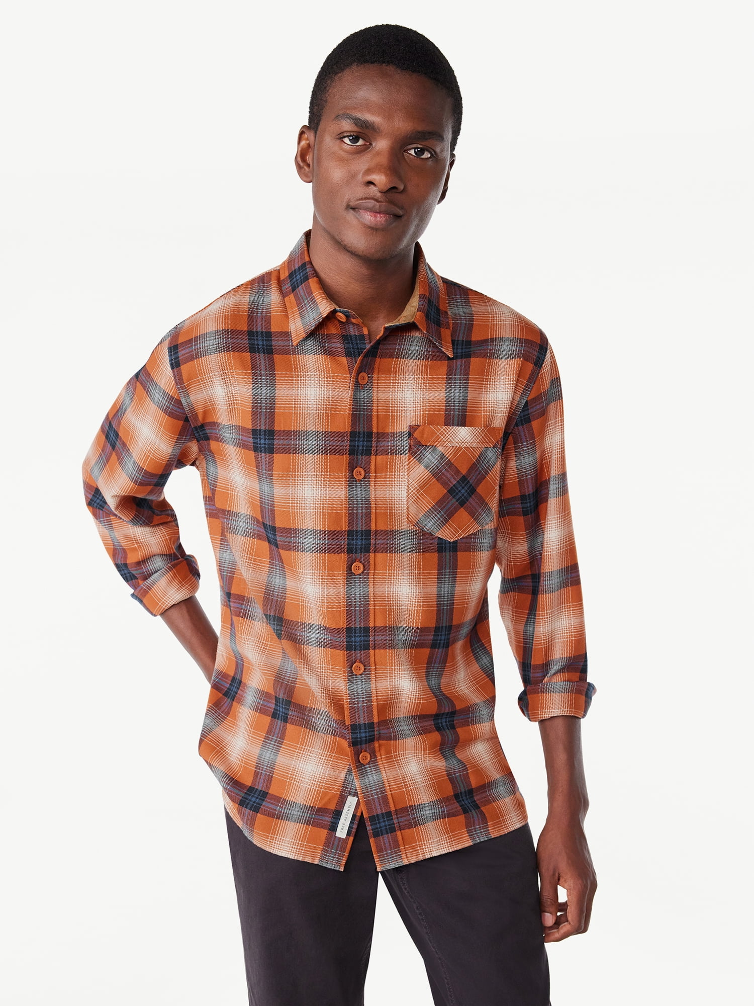 Free Assembly Men's Lightweight Plaid Flannel Shirt with Long Sleeves ...