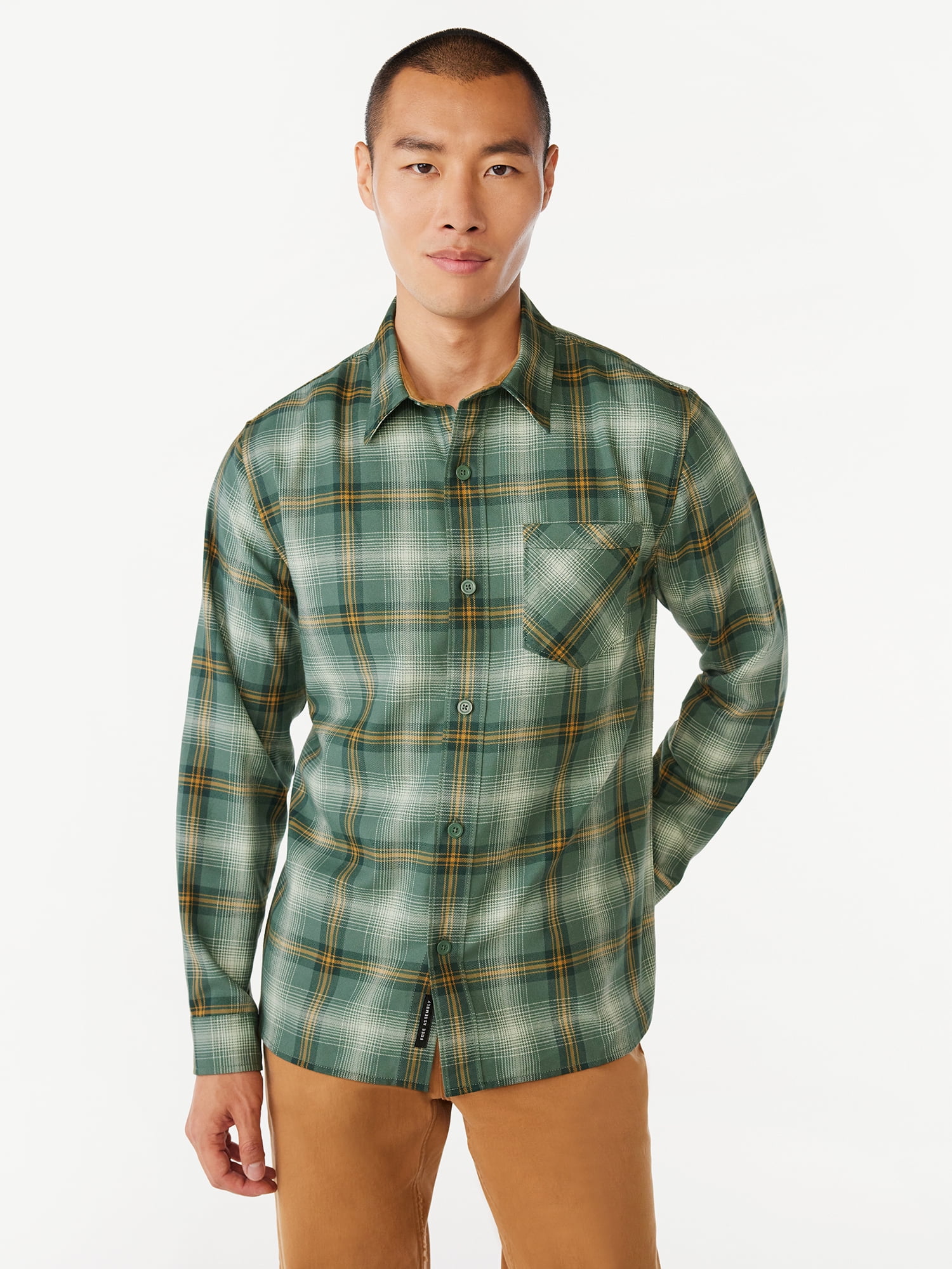 Free Assembly Men #39 s Lightweight Plaid Flannel Shirt with Long Sleeves