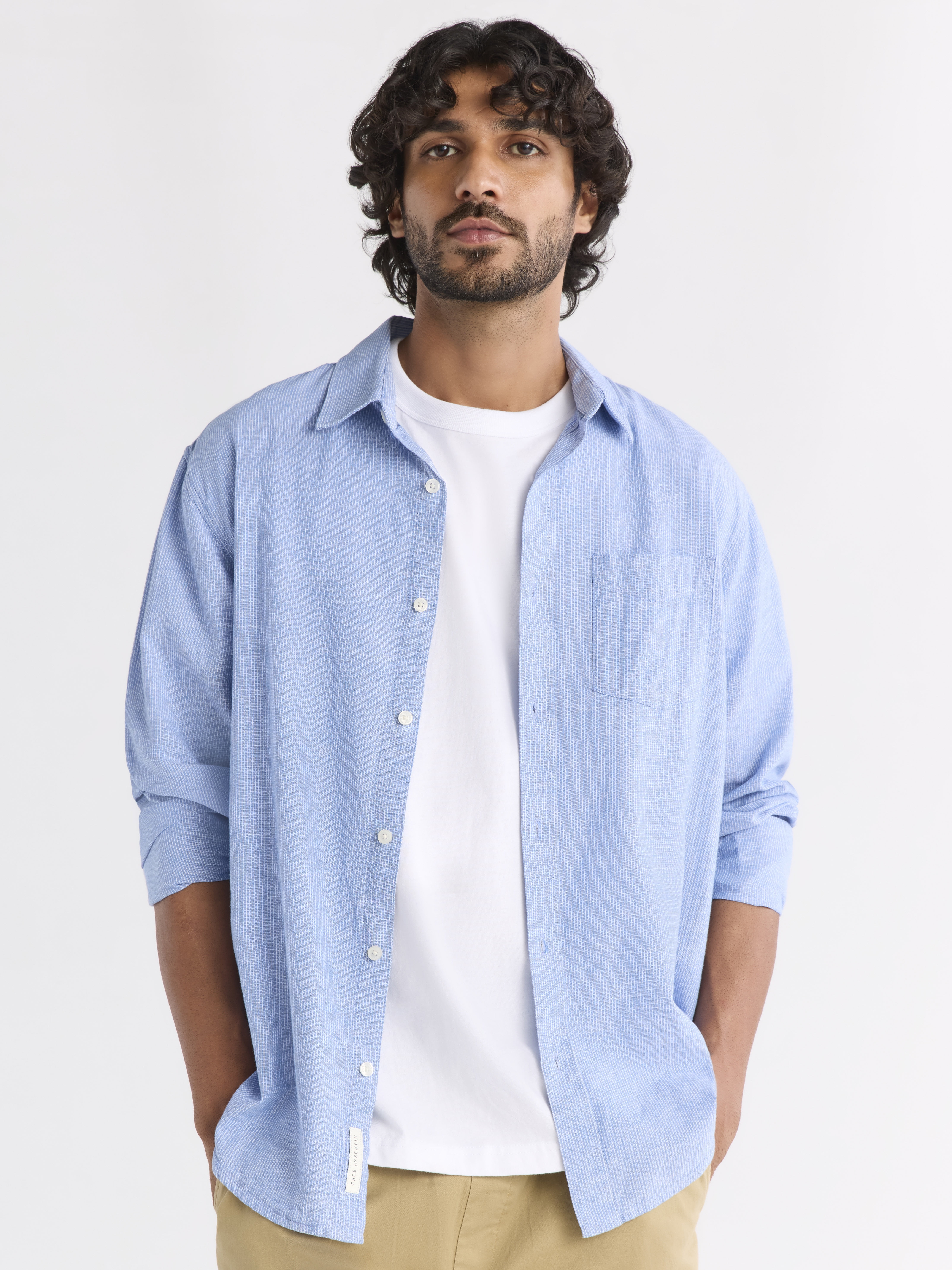 Free Assembly Men's Linen Blend Button Front Shirt with Long Sleeves, Sizes XS-3XL