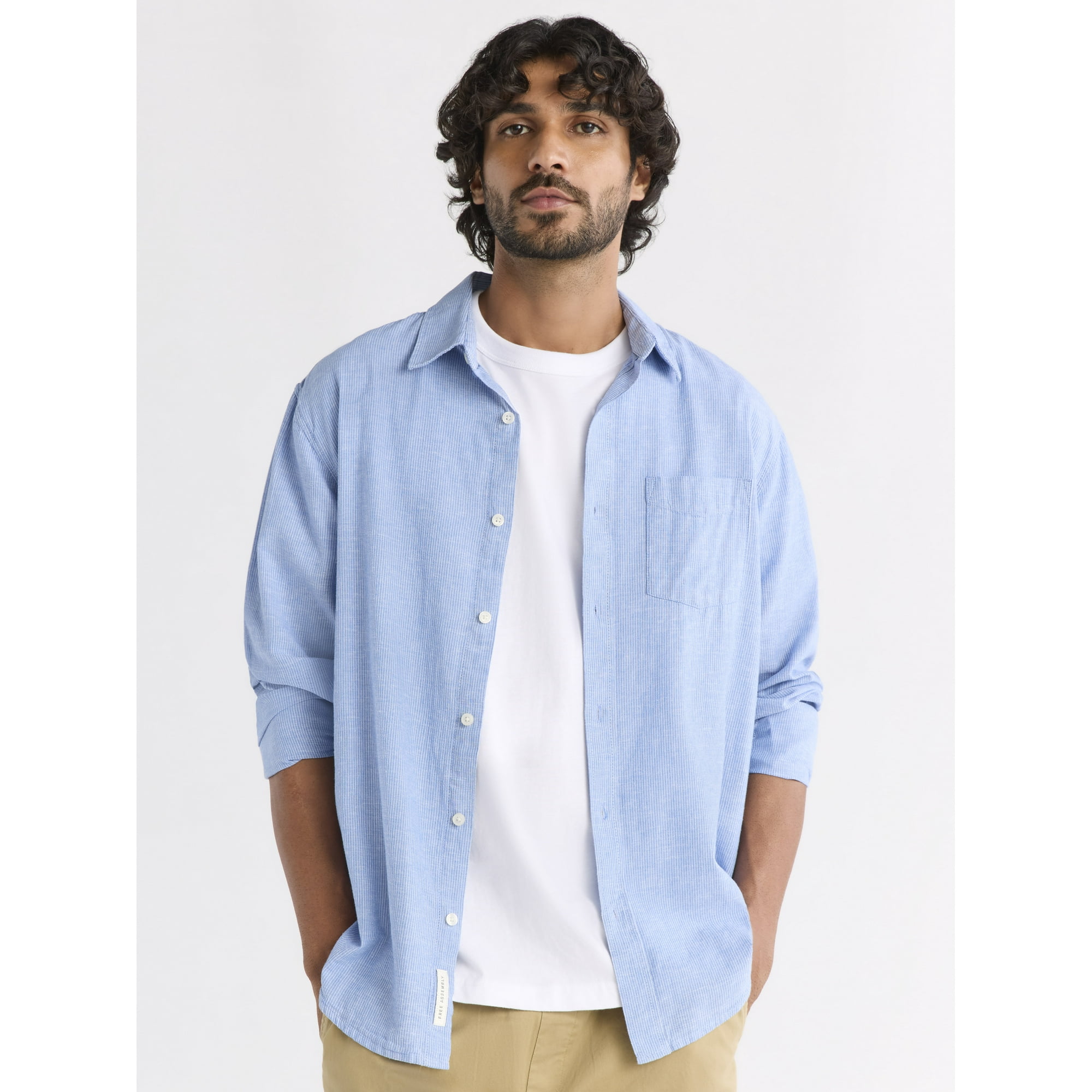 Free Assembly Men's Linen Blend Button Front Shirt with Long Sleeves, Sizes XS-3XL