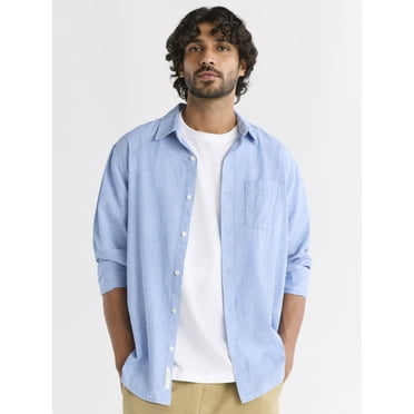 Free Assembly Men's Linen Blend Button Front Shirt with Long Sleeves, Sizes XS-3XL