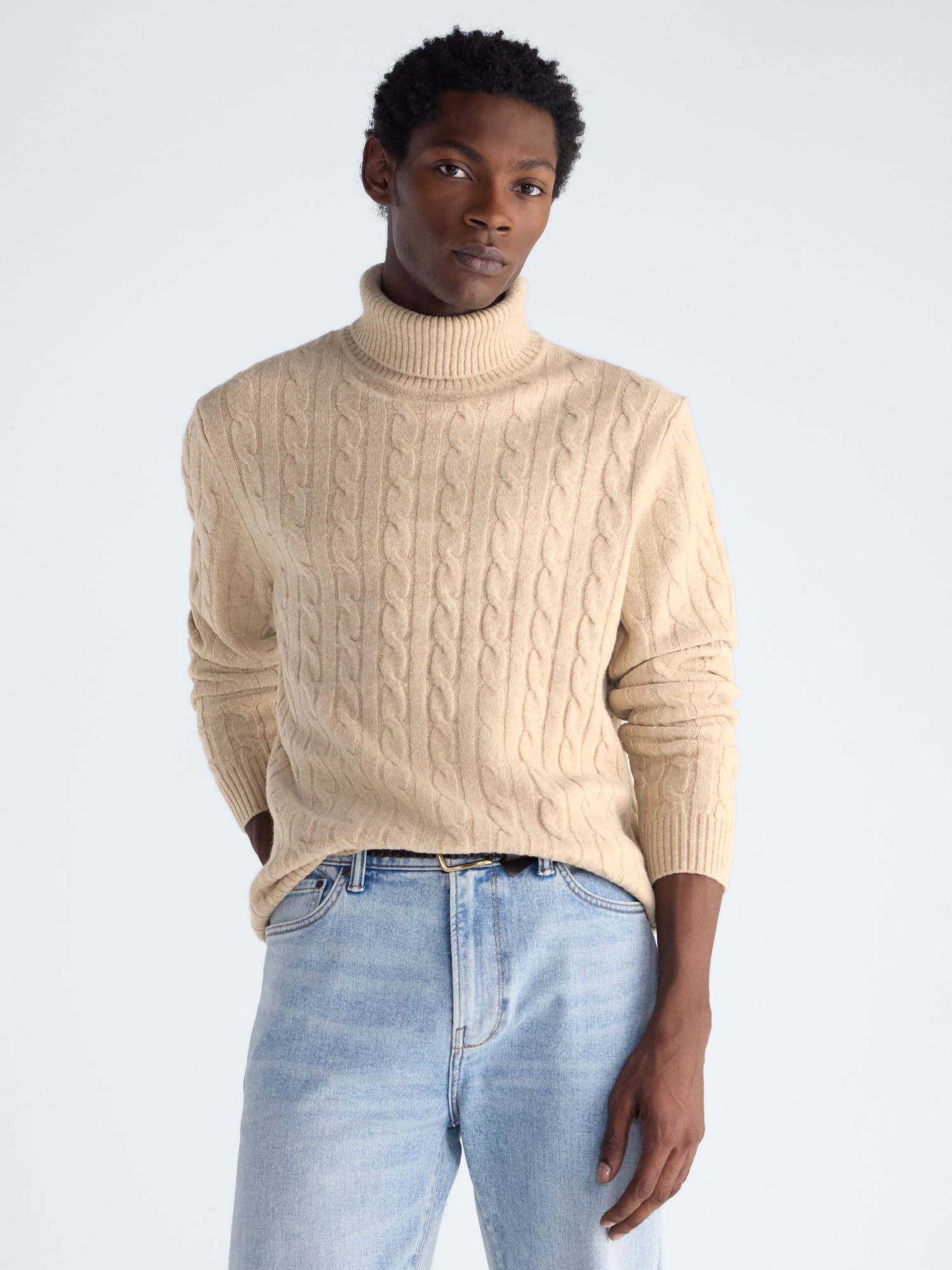 Free Assembly Men's Cable Knit Turtleneck Sweater, Midweight, Sizes XS ...