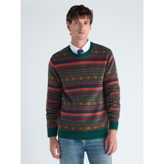 Free Assembly Men's Fair Isle Sweater with Long Sleeves, Midweight, Sizes XS-3XLT