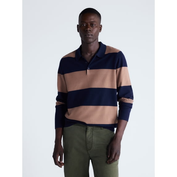 Free Assembly Men's Rugby Cozy Yarn Rugby Sweater with Long Sleeves, Midweight, Sizes XS-3XL