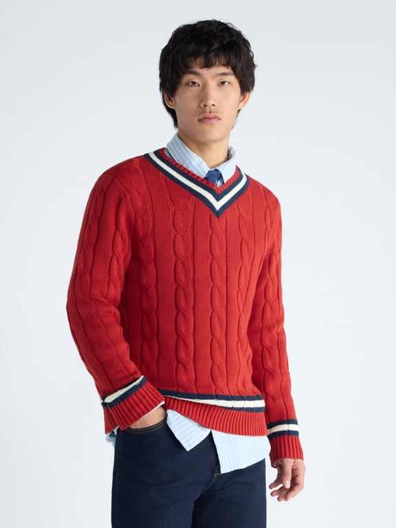 Men’s Cable Knit V-Neck Cotton Sweater with Tipping, Midweight, XS-3XLT