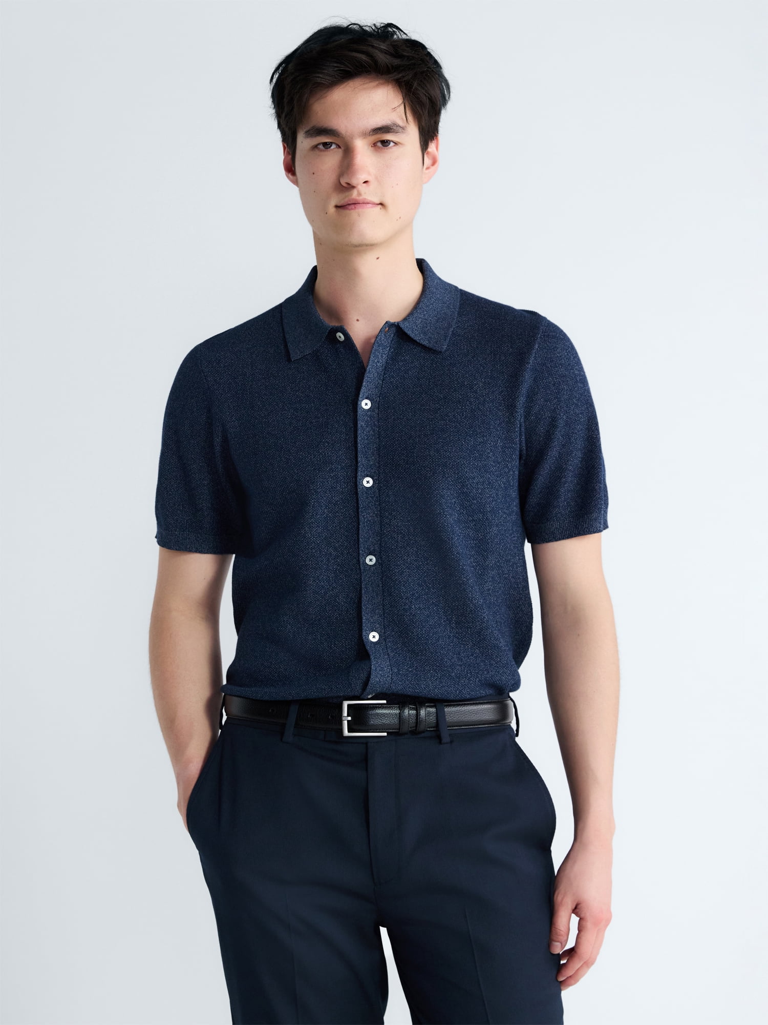 Free Assembly Men's Button Front Marled Sweater with Short Sleeves, Sizes S-3XL