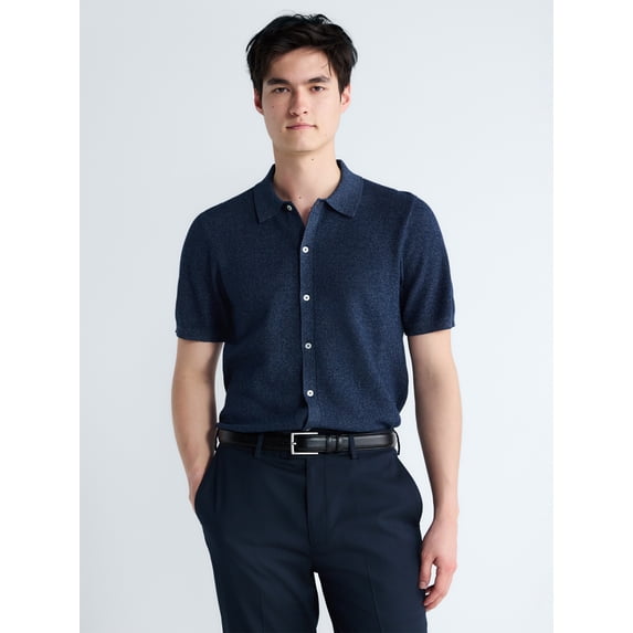 Free Assembly Men's Button Front Marled Sweater with Short Sleeves, Sizes S-3XL