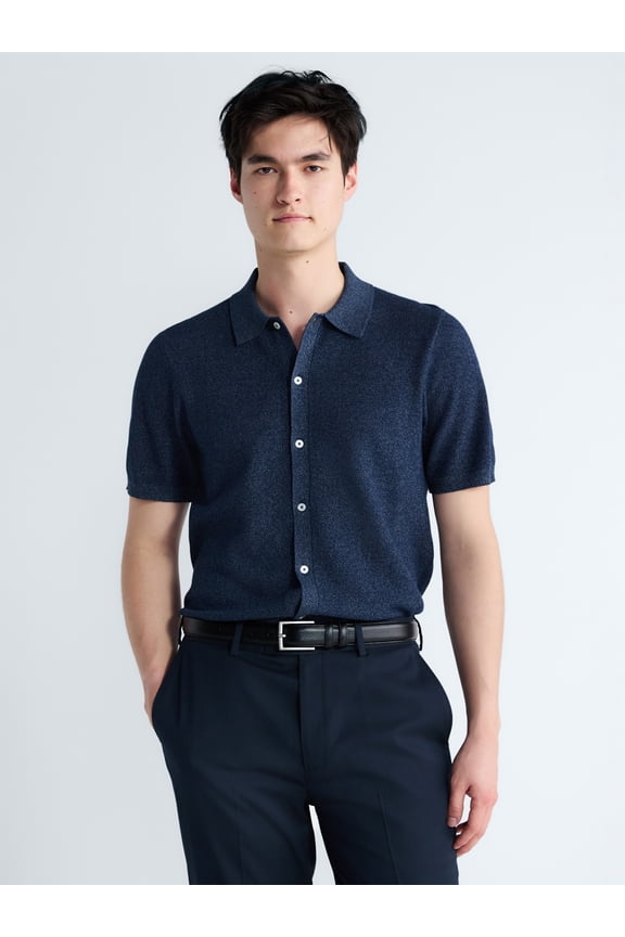 Men's Button Front Marled Sweater with Short Sleeves, Sizes S-3XL