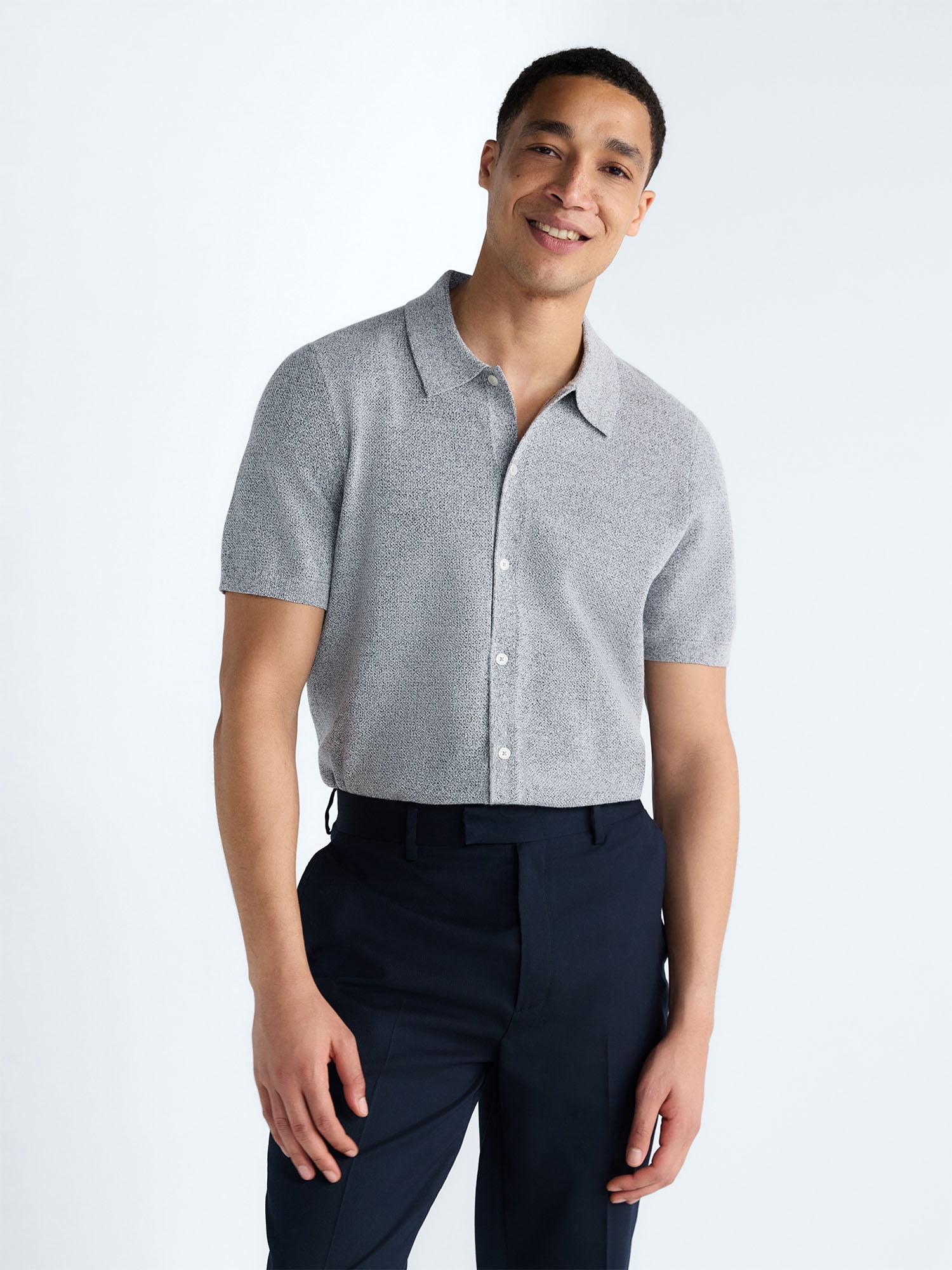 Free Assembly Men's Button Front Marled Sweater with Short Sleeves, Sizes S-3XL