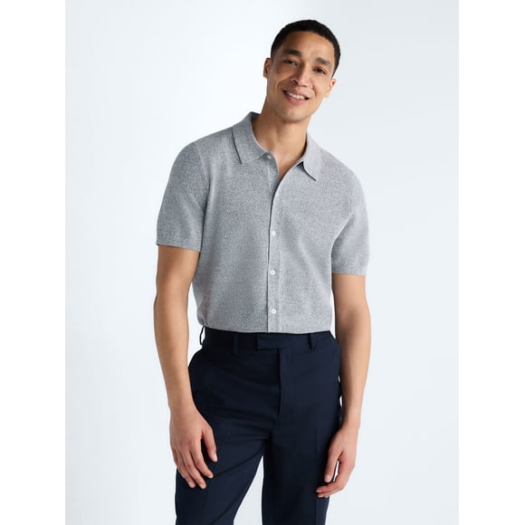 Free Assembly Men's Button Front Marled Sweater with Short Sleeves, Sizes S-3XL