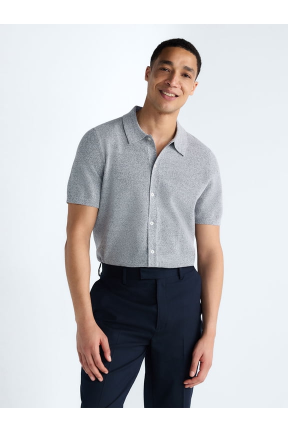 Men's Button Front Marled Sweater with Short Sleeves, Sizes S-3XL