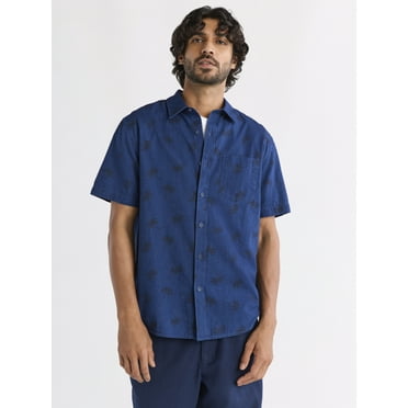 Free Assembly Men's Palm Print Cotton Button Front Shirt with Short Sleeves, Sizzes XS-3XL