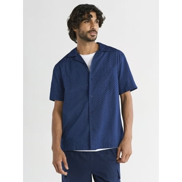 Free Assembly Men's Print Cotton Chambray Shirt with Short Sleeves, Sizes S-3XL