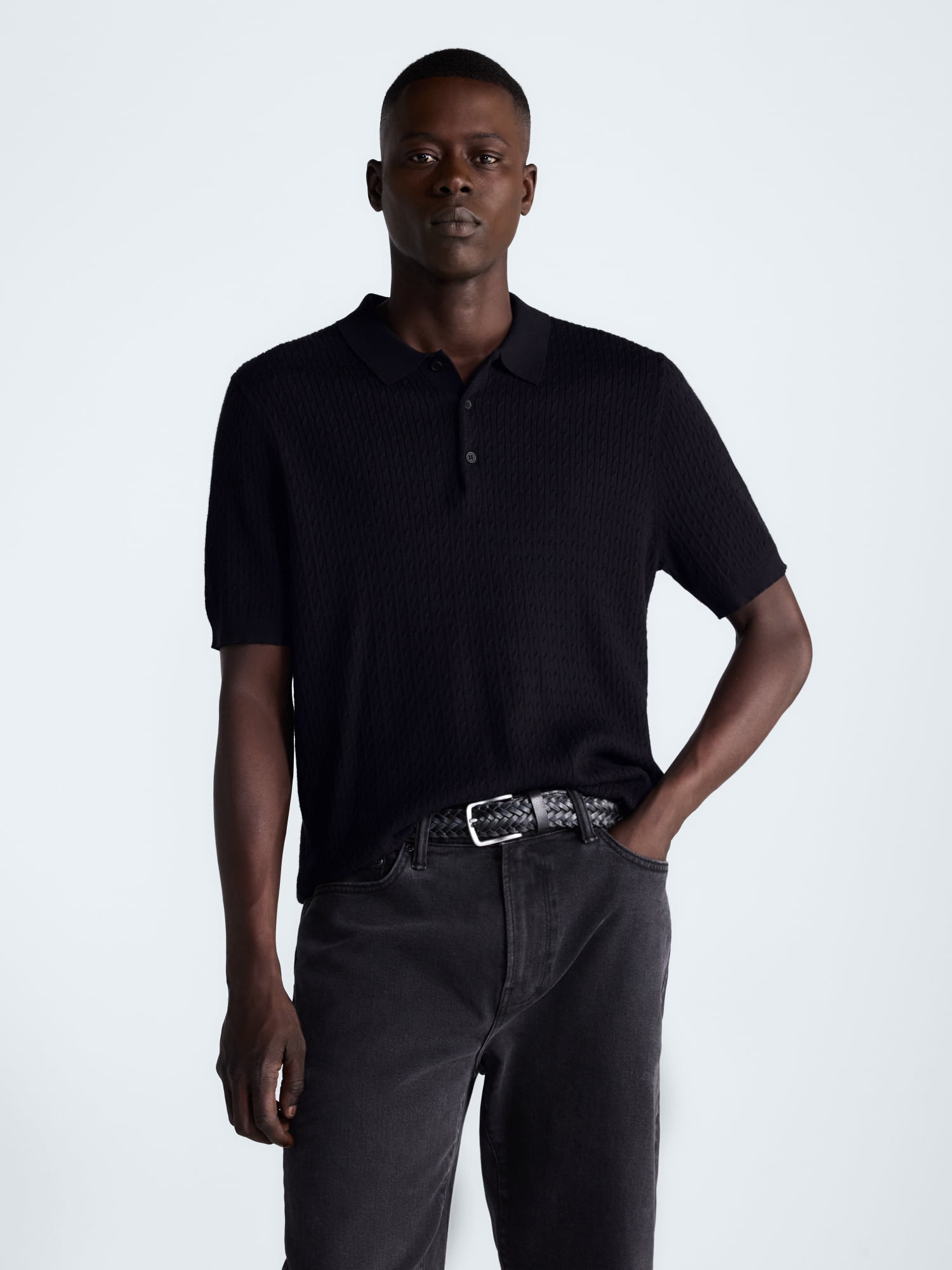 Free Assembly Men's Cozy Yarn Cable Knit Polo Sweater with Short Sleeves, Sizes XS-3XL
