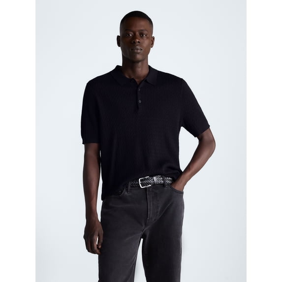 Free Assembly Men's Cozy Yarn Cable Knit Polo Sweater with Short Sleeves, Sizes XS-3XL