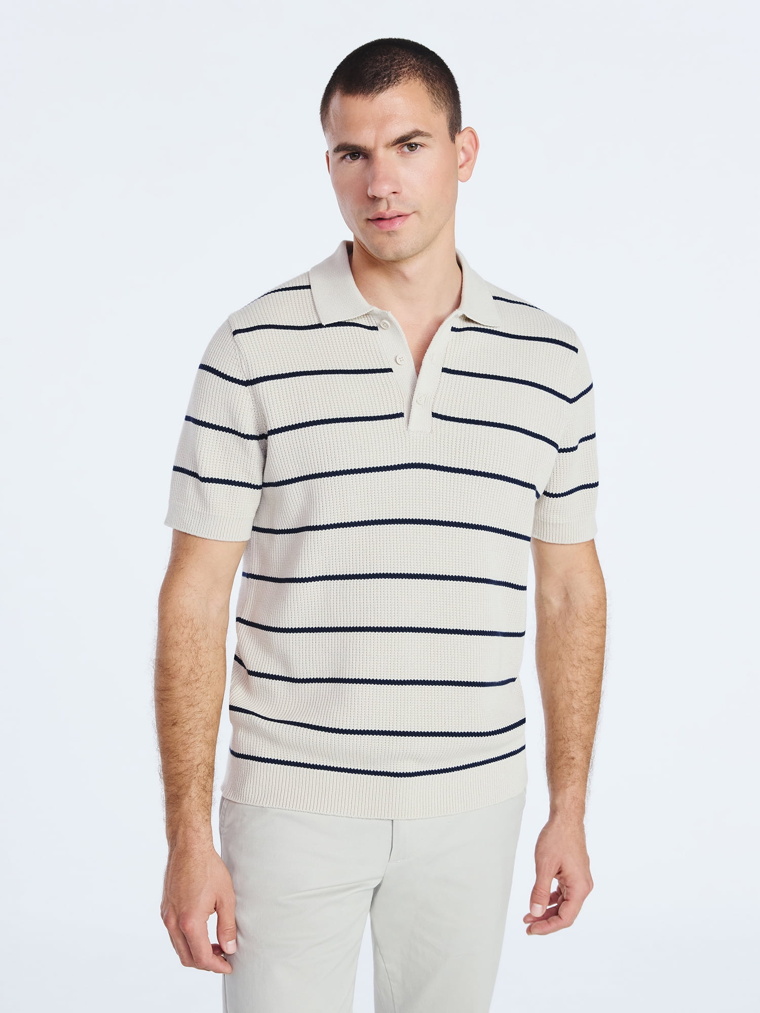 Free Assembly Men's Textured Stripe Polo Sweater with Short Sleeves, Sizes S-3XL