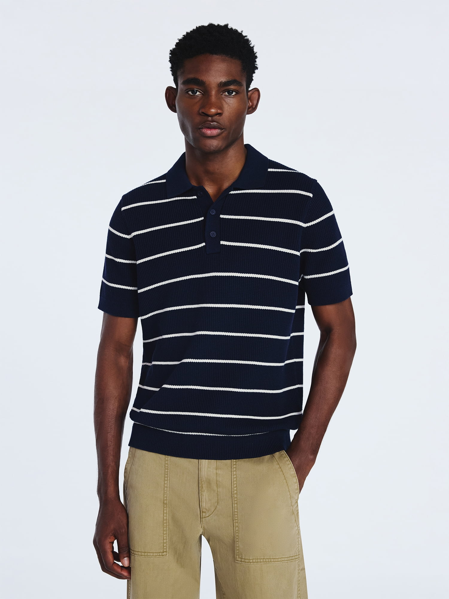 Free Assembly Men's Textured Stripe Polo Sweater with Short Sleeves, Sizes S-3XL