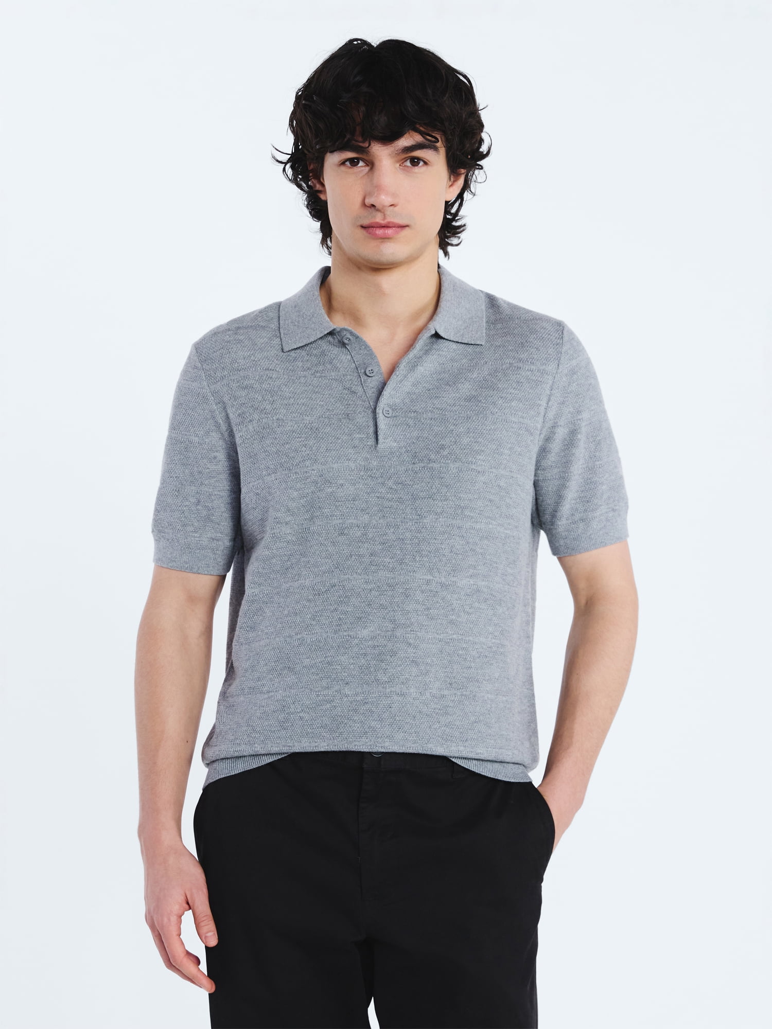 Free Assembly Men's Textured Stripe Polo Sweater with Short Sleeves, Sizes S-3XL
