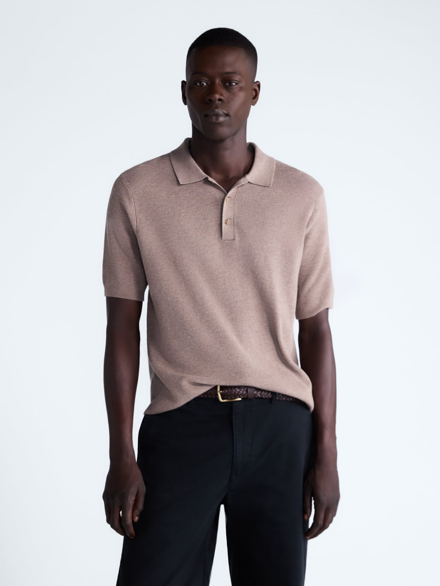 Free Assembly Men's Textured Polo Sweater with Short Sleeves, Lightweight, Sizes XS-3XL
