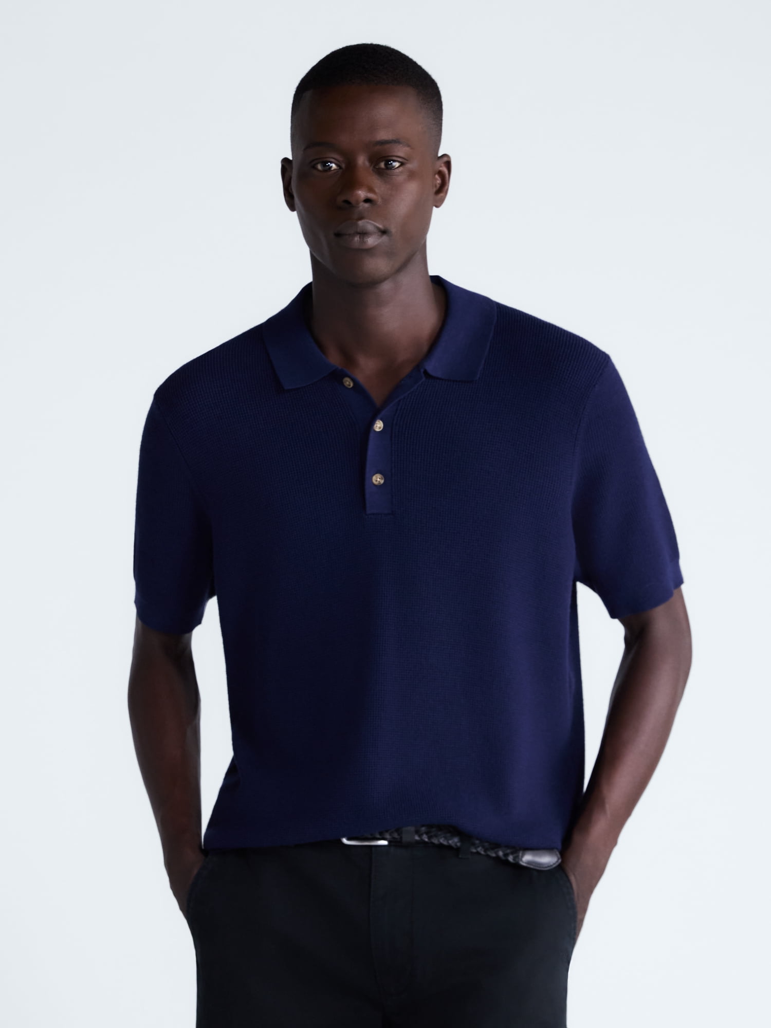 Free Assembly Men's Textured Polo Sweater with Short Sleeves, Lightweight, Sizes XS-3XL