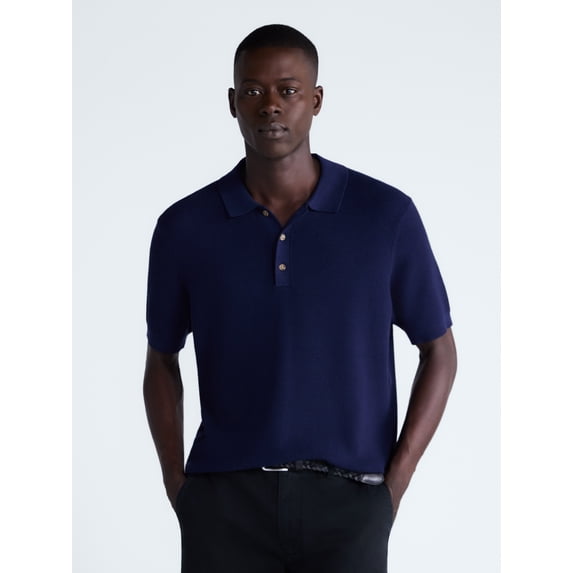 Free Assembly Men's Textured Polo Sweater with Short Sleeves, Lightweight, Sizes XS-3XL