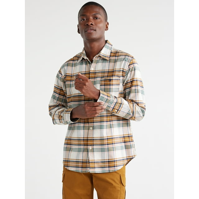 Free Assembly Men's Stretch Oxford Tartan Shirt with Long Sleeves ...