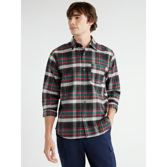 Free Assembly Men's Stretch Oxford Tartan Shirt with Long Sleeves, Sizes XS-3XL