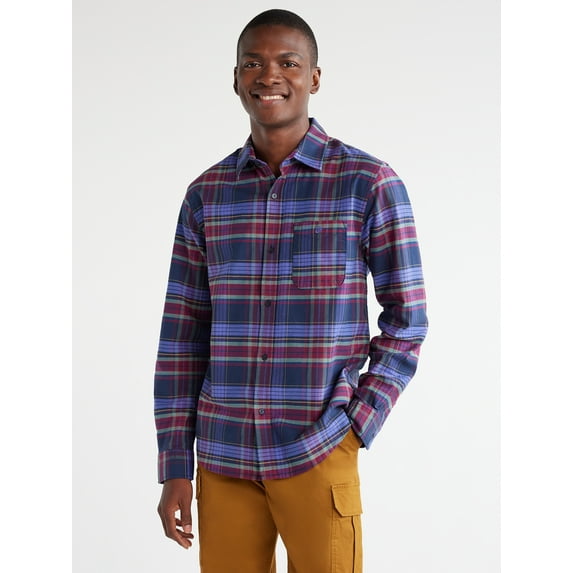 Free Assembly Men's Stretch Oxford Tartan Shirt with Long Sleeves, Sizes XS-3XL