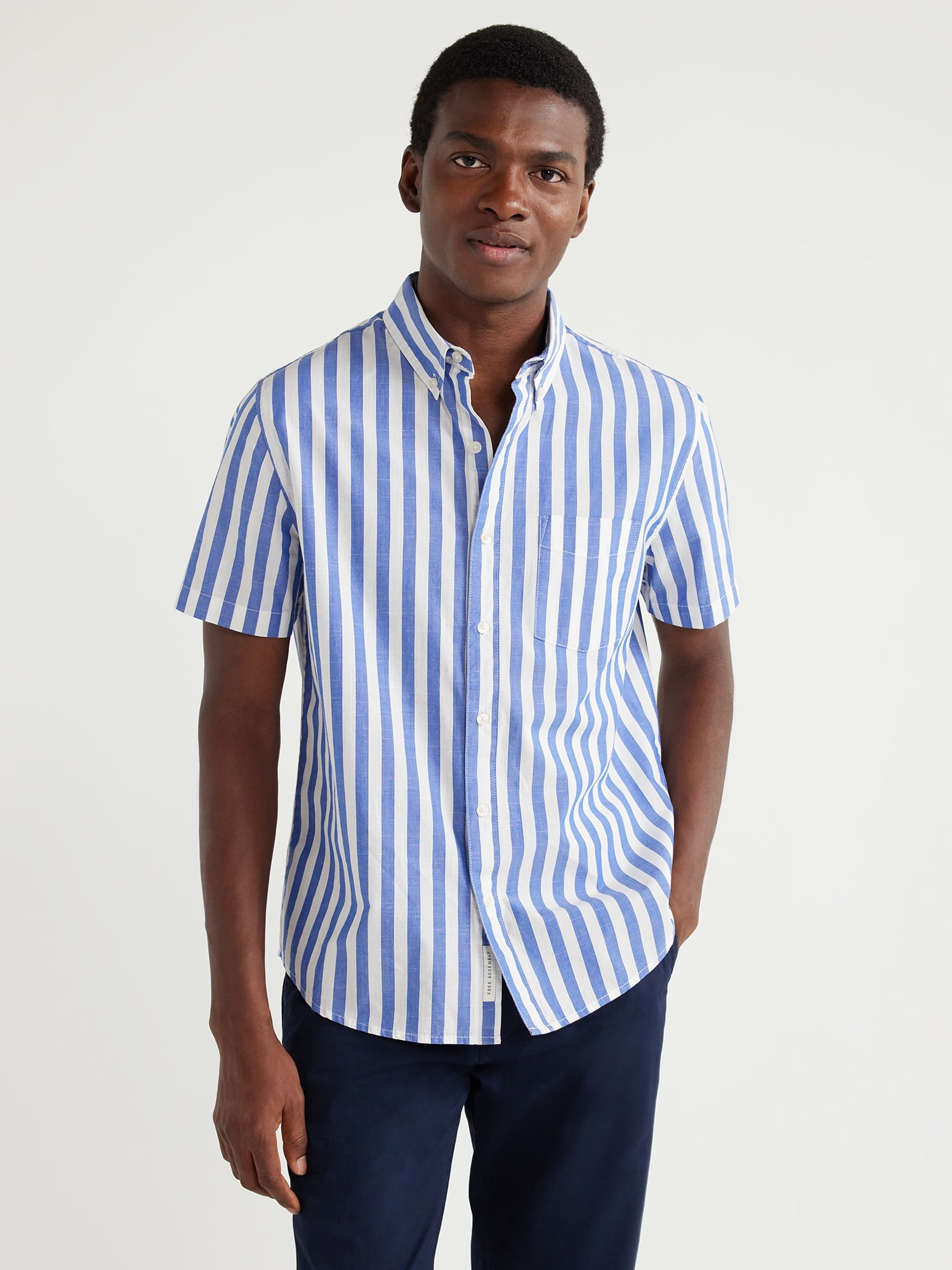 Free Assembly Men's Striped Slub Poplin Shirt with Short Sleeves, Sizes ...