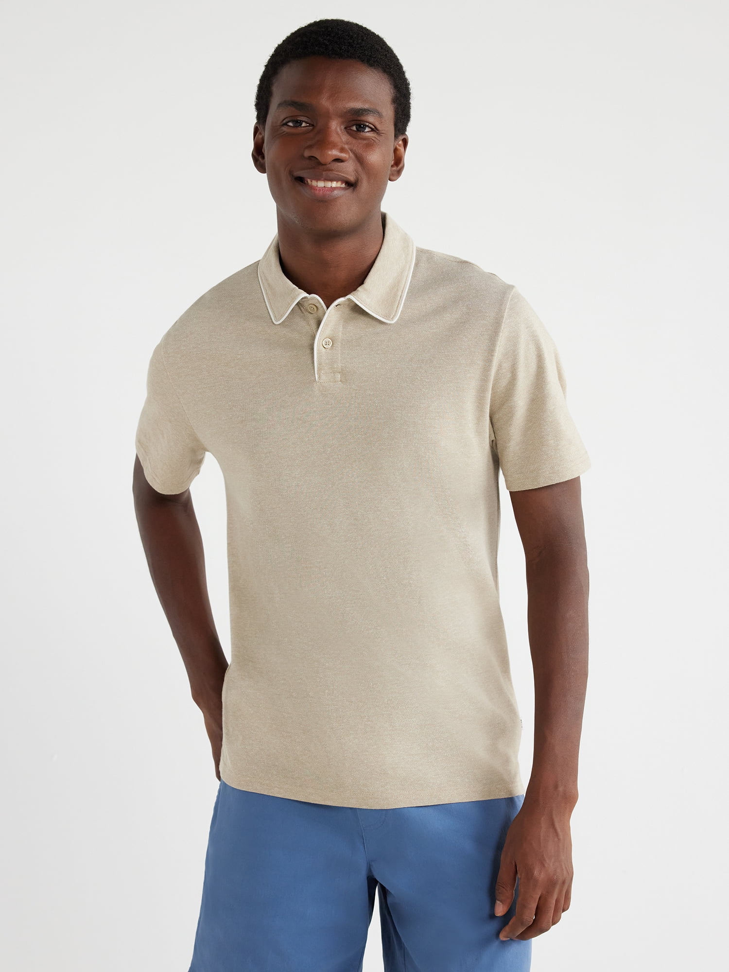 Free Assembly Men's Taped Oxford Pique Polo Shirt with Short Sleeves ...