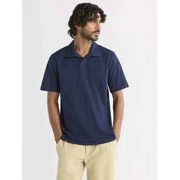 Free Assembly Men's Textured Cotton Johnny Collar Polo Shirt with Short Sleeves, Sizes XS-3XL
